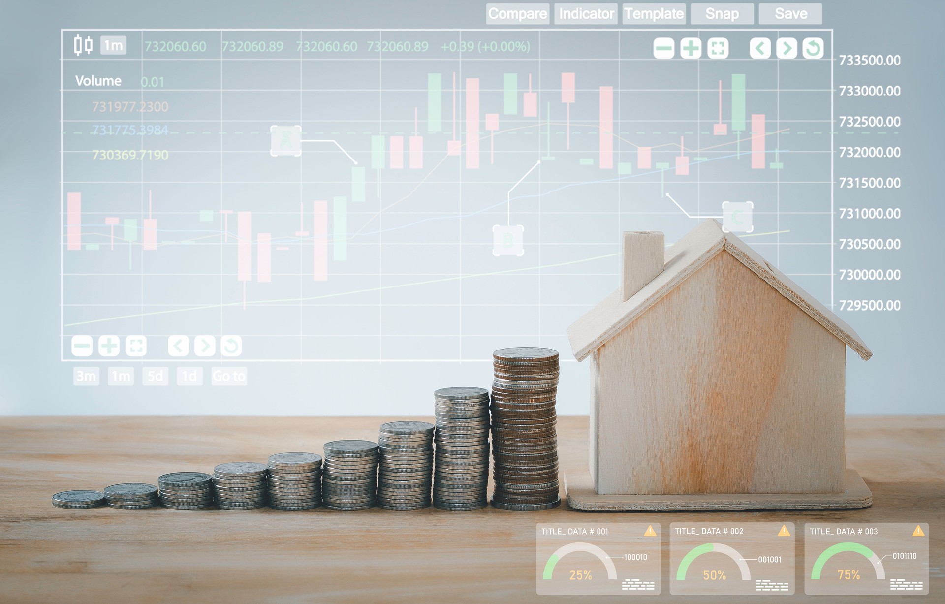 La pila de monedas de dinero y el modelo de la casa son monedas de crecimiento creciente para el fondo financiero y de inversión. Ahorre dinero, Finanzas Banca Ideas de Concepto de Negocio, Impuestos, Préstamos, Hipotecas y Propiedades.
